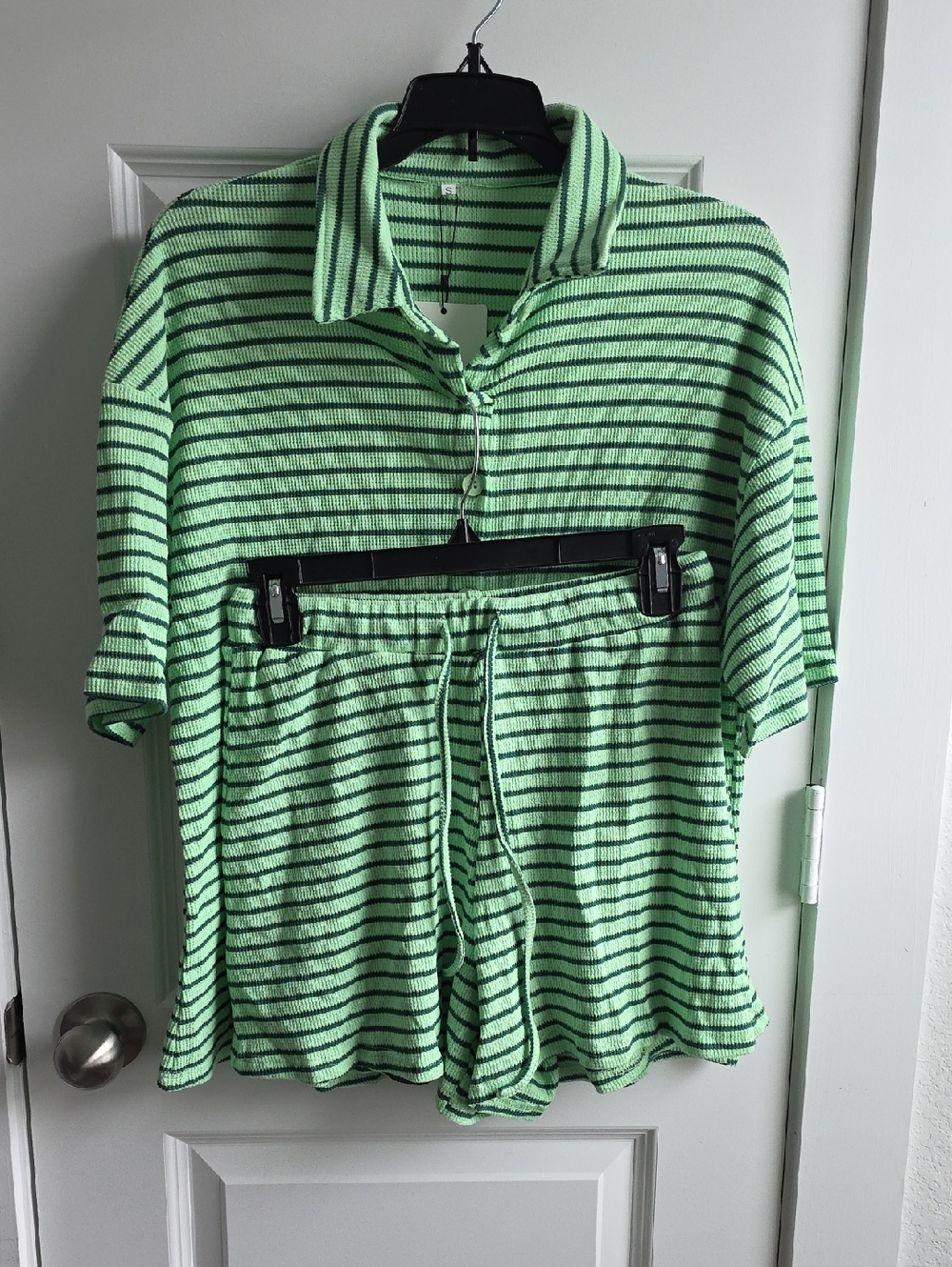 Green & Black Striped Knit Polo Top and Shorts Set Small G066